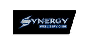 A black and blue logo for synergy well servicing.