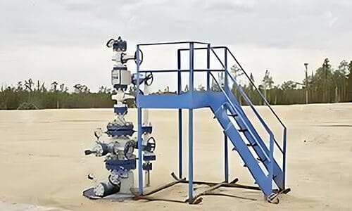A blue and white pipe rack with stairs